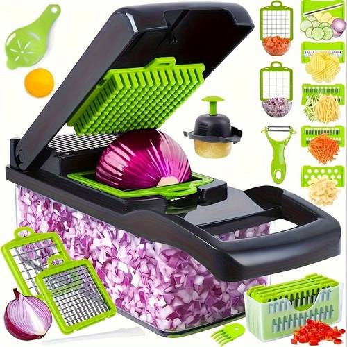 16 in 1 manual food processor and vegetable chopper heavy duty multi functional slicer and dicer with slicer grater strip cutter chopper and button operation with drain basket suitable for onions carrots potatoes