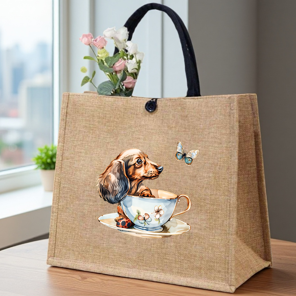 E-shop Große Handtasche für Damen mit Dachshund-Tasse und Schmetterlingsdesign, leicht und strapazierfähig mit Griffen, wiederverwendbar für Shopping