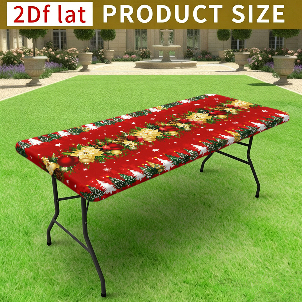 TEMU 1pc Winter Christmas Printed Tablecloth, Elastic Elastic Band Tablecloth, Poinsettia And White Cedar Pattern Christmas Tablecloth, Suitable For