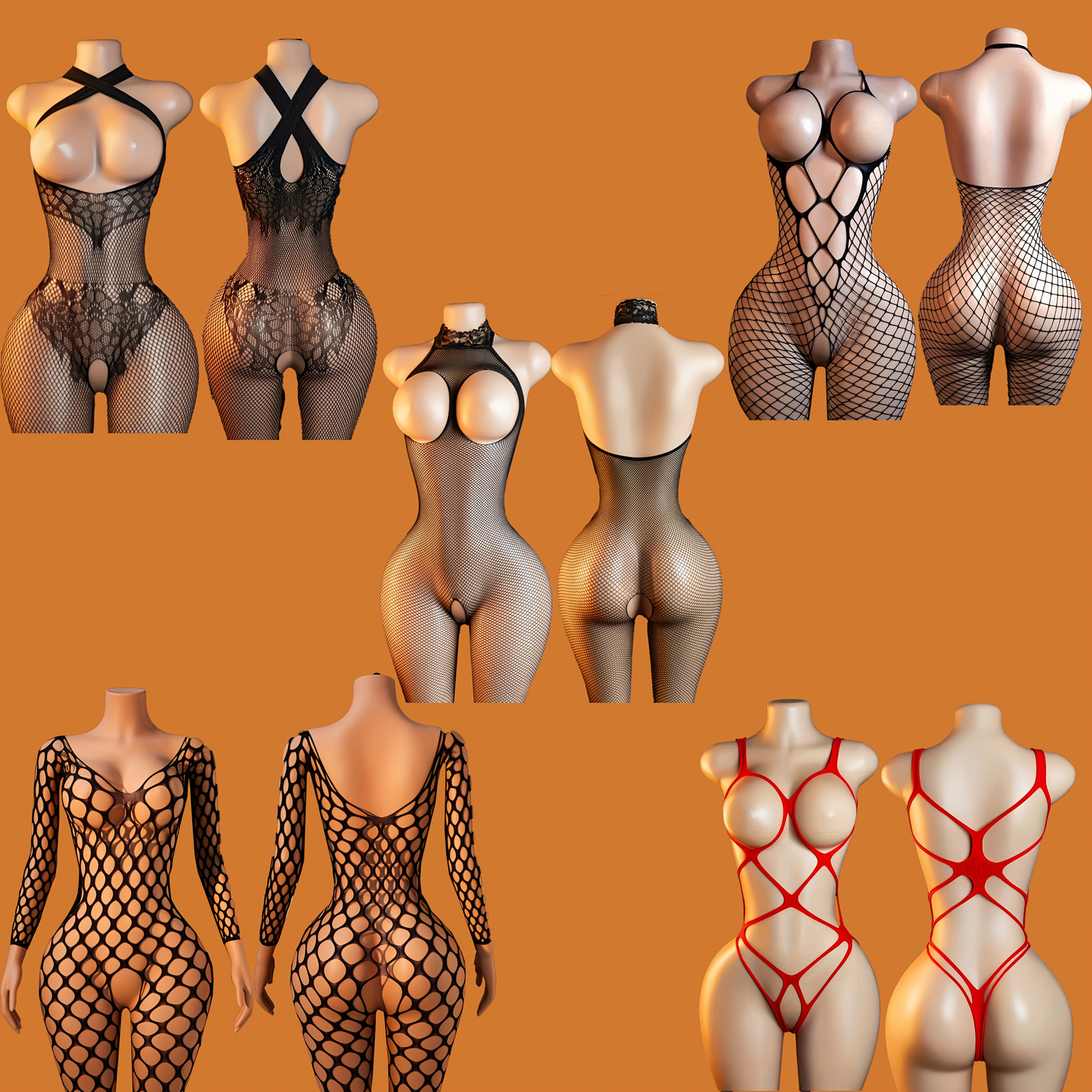 5pcs Women's Full Body Stocking Bodysuit with Garter Belt - Transparent Mesh Long Sleeve Top & Fishnet Legwear, Sensual Costume Suitable for Bedroom, Parties, Themed Events - Comfortable Wearable for s