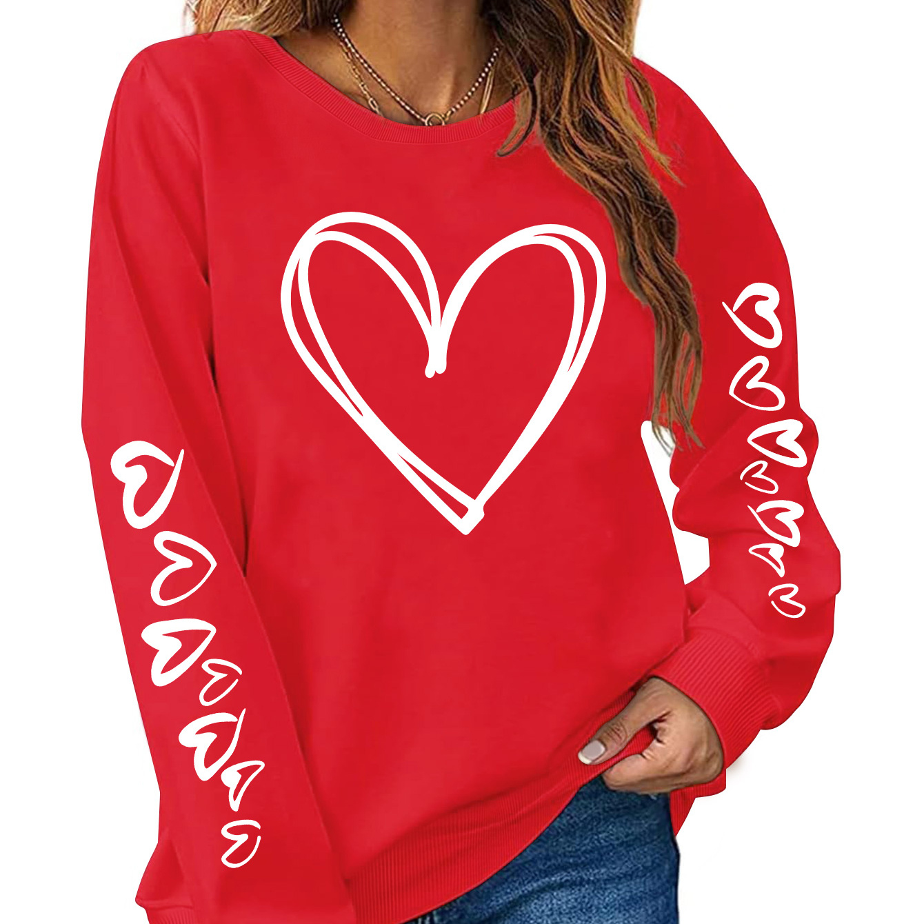 

Women's Casual Polyester Sweatshirt With Heart Print, Crew Neck, Knit Fabric, 250g/m², Spring/fall Fashion Top