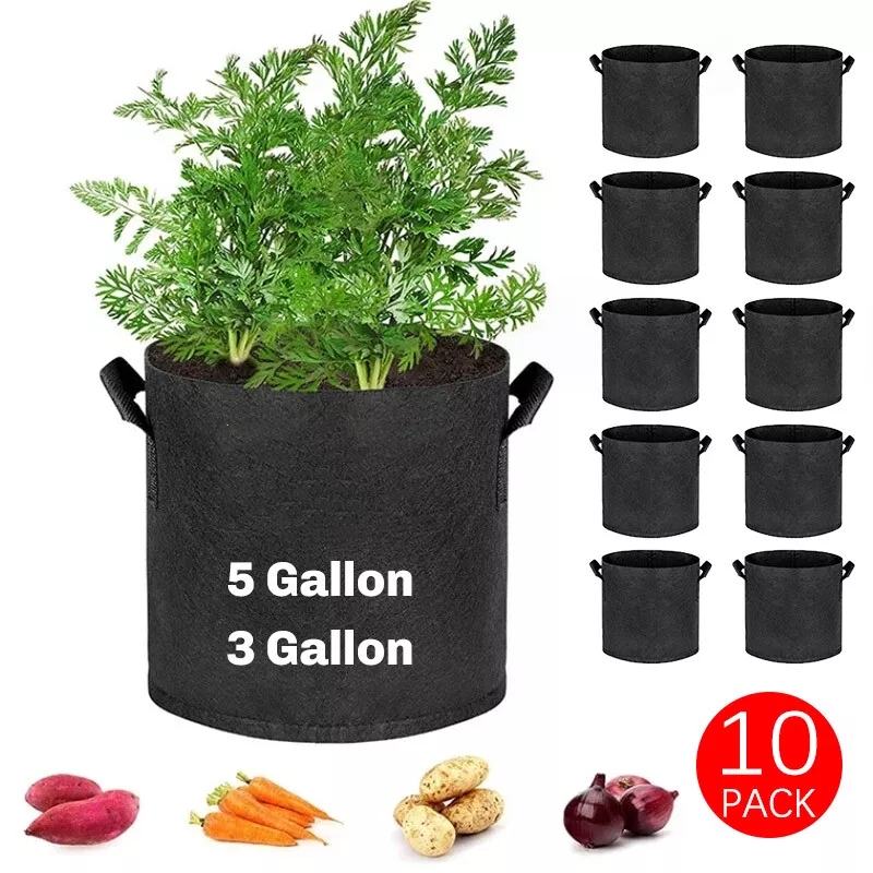 TEMU 5pack/10pack Heavy Duty Grow Bags - Thickened Nonwoven Fabric Raised Garden Plant Pots With Aeration Holes And Sturdy Green Border,