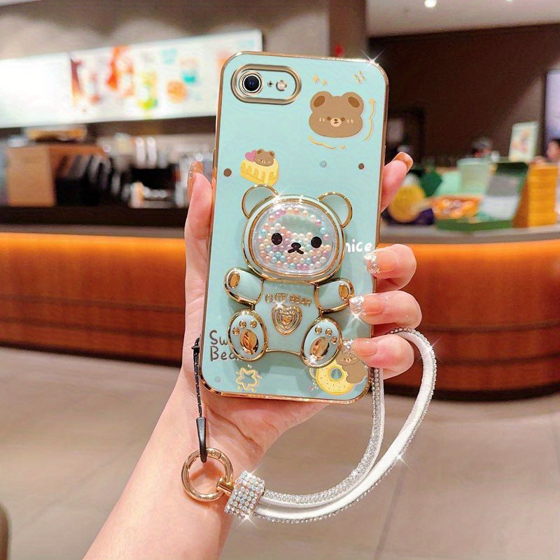 TEMU Cute Bear Phone Holder Case With A Diamond Wrist Strap Lanyard For Iphone 8, Serving As A Stand Back Cover.