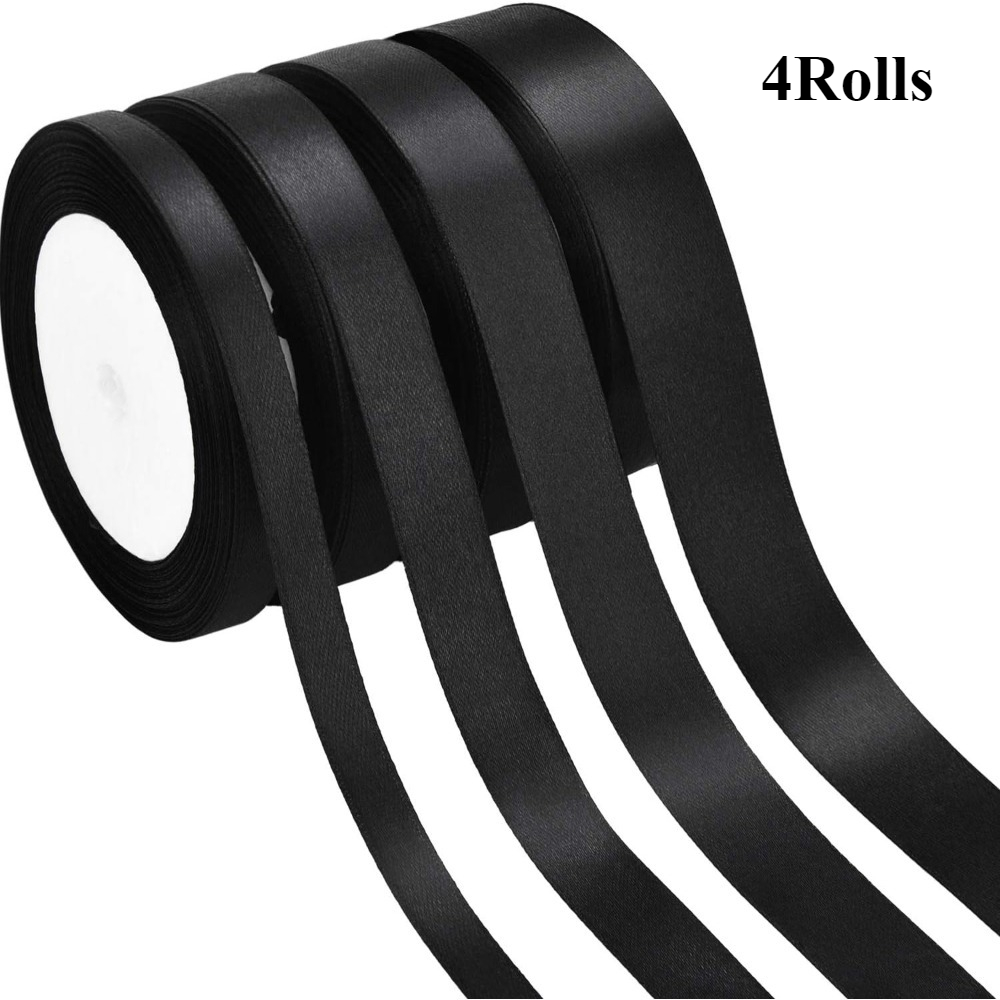 Image of 4 Rolls Black Satin Ribbon 4 Sizes Each 24 Yards Long Embellishment Ribbon For Crafts Hair Accessories Sewing Gift Wrapping Christmas Wedding Party Decorations Halloween