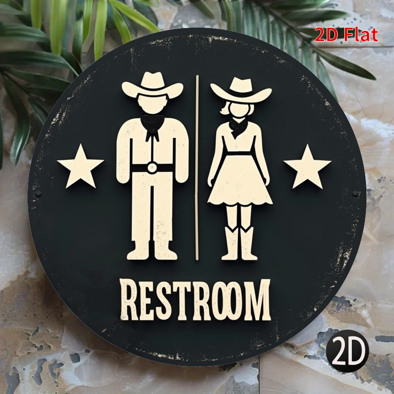 TEMU 2d Flat, 1pc Vintage Western Style Restroom Sign - Round Wooden Wall Decor With Cowboy And Cowgirl Silhouette Design, Suitable For Living Room,