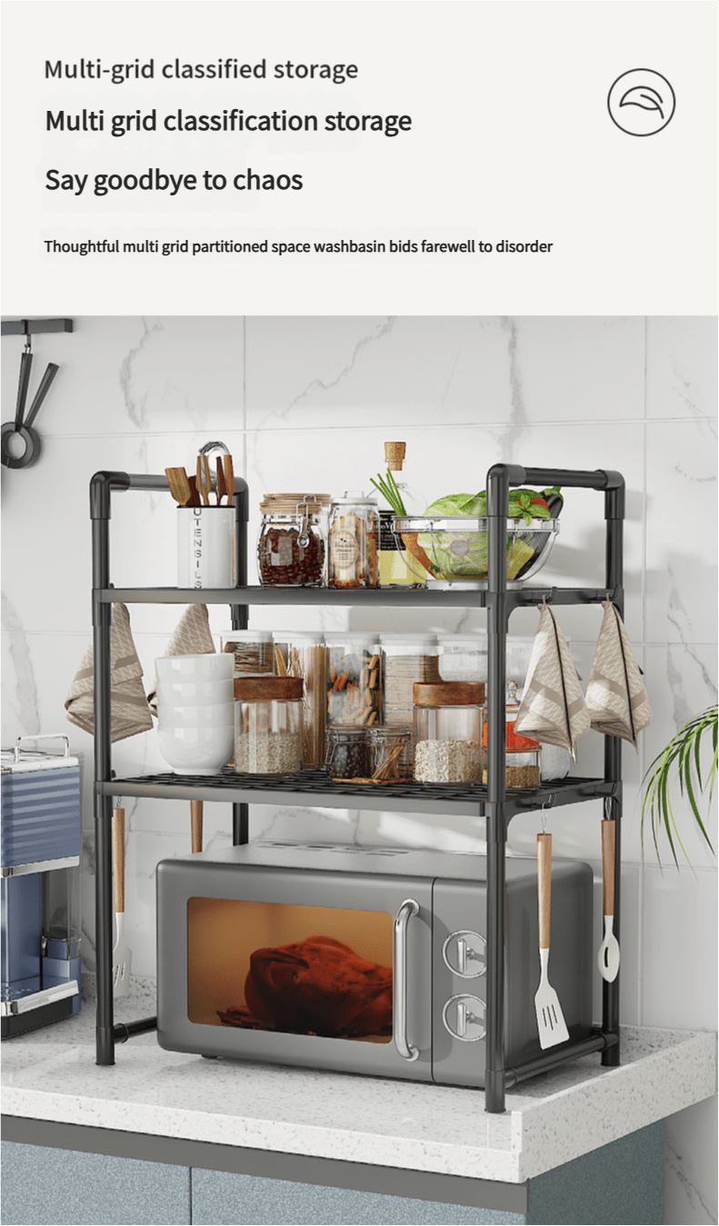 versatile multi layer microwave oven storage rack   plastic   for cookware plant display   kitchen countertops details 2