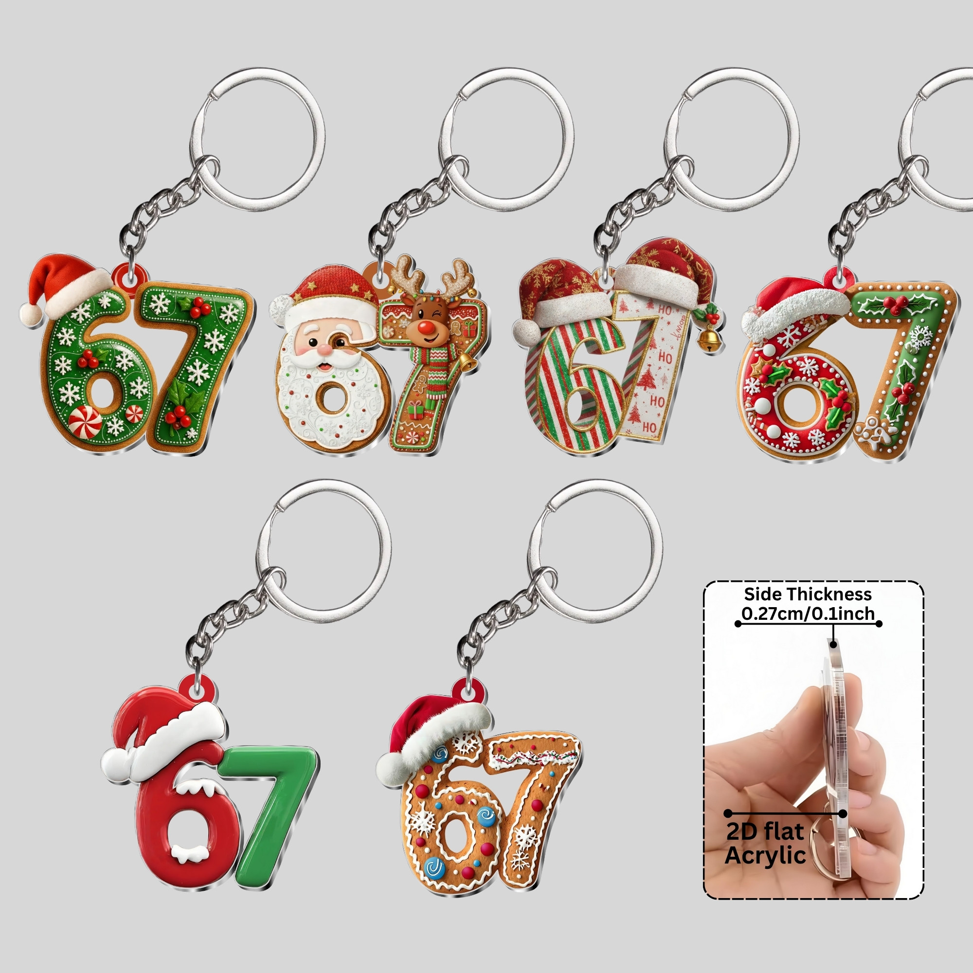 TEMU 2d Flat, 2d Flat Printed 6pcs Multi Color Funny Christmas 67 Patterned Xmas Acrylic Ornaments Keychain, Christmas Slang Keychain & Decor, Ideal