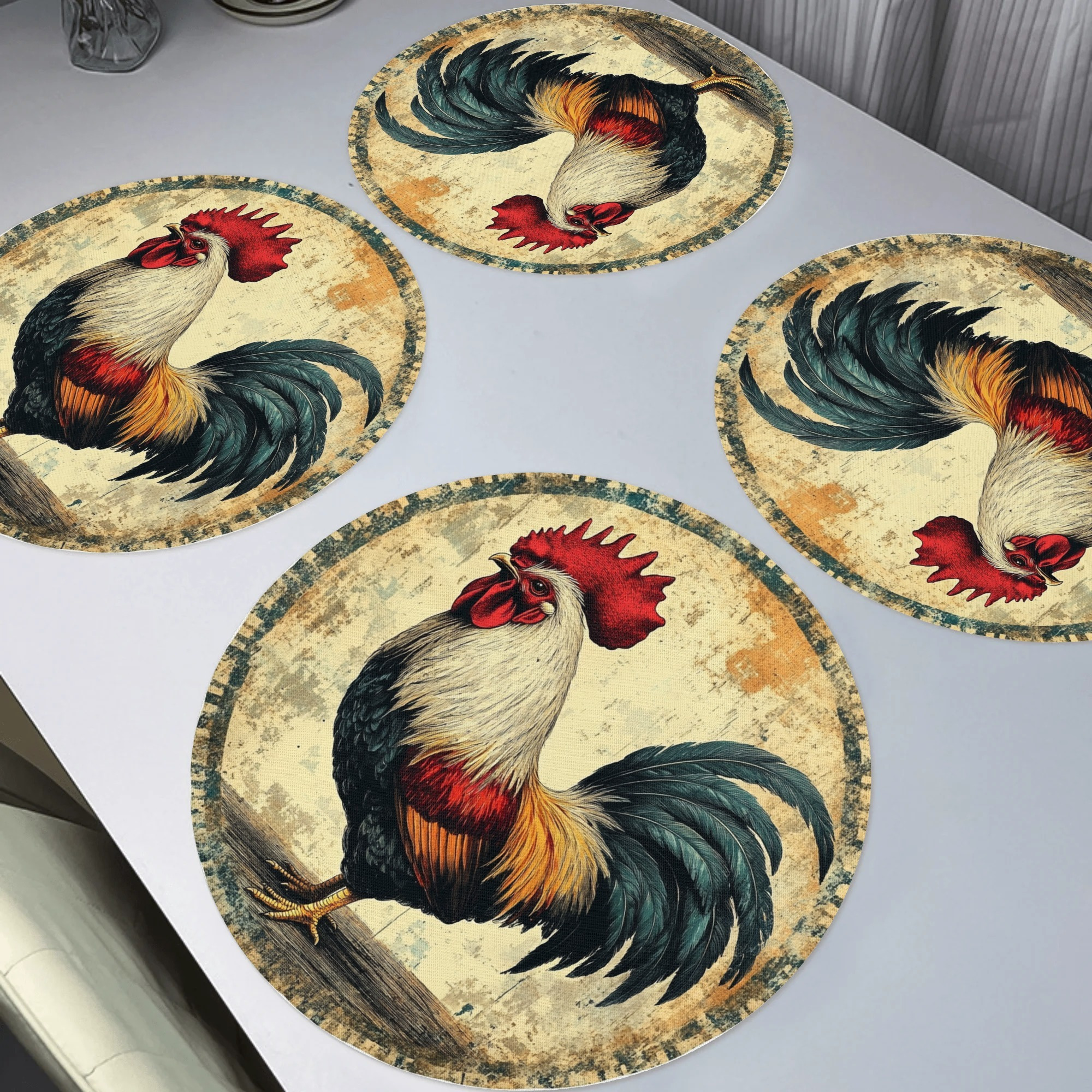 

4-pack Rustic Rooster Table Mats, 15-inch Woven Polyester Round Placemats, Hand Wash Only, Non-slip, For Dinner Party & Home Decor