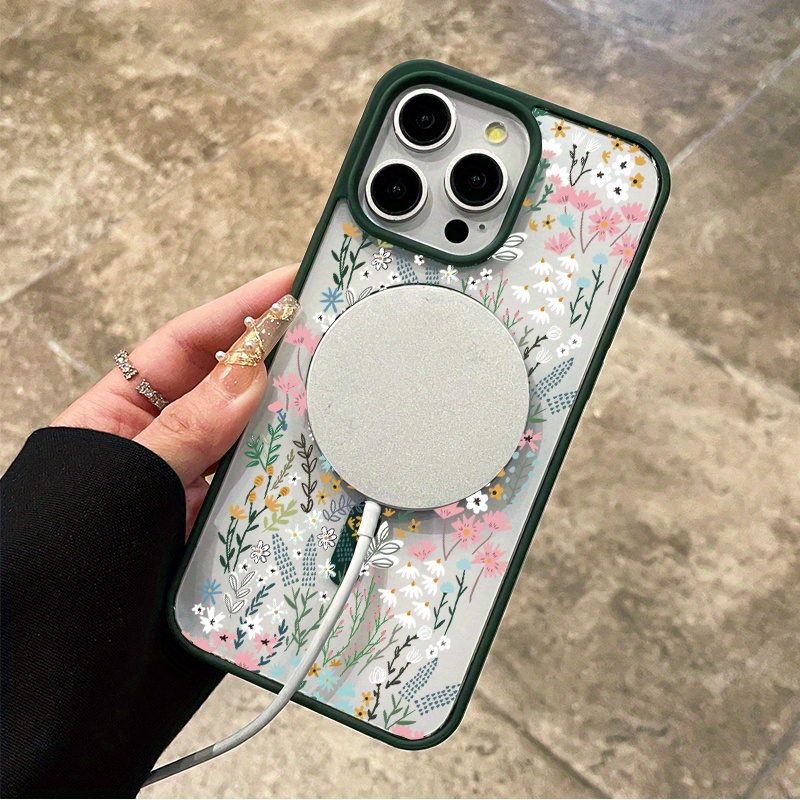[Magnetic iPhone Case] Magnetic iPhone Case | Breezy Floral Patches Pattern Matte Lightweight Drop Protection Silicone Smartphone Cover for iPhone 16 Pro Max 15 Plus 14 13 12 11 XS Max XR X