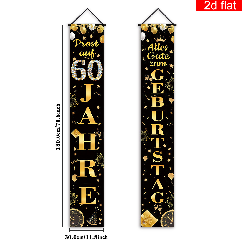 Image of 2d Flat, 2d Flat Banner, 2pcs, German Happy 60th Birthday Couplet Porch Banner,, Black And Golden Firework , Suitable For Birthday Party Home Outdoor Indoor Wall Front Door Decoration, 2d Flat