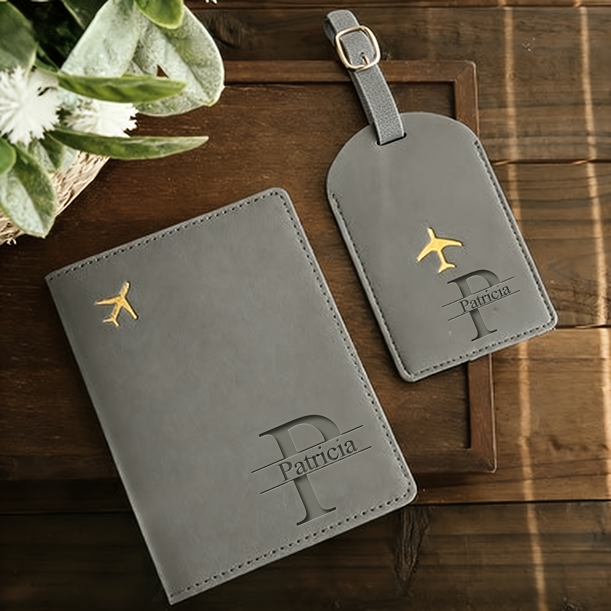 TEMU Personalized Custom Name/letter Laser Engraved Pu Passport Cover And Luggage Tag Set| Golden Airplane Decoration, Durable, Fashionable Style, 6