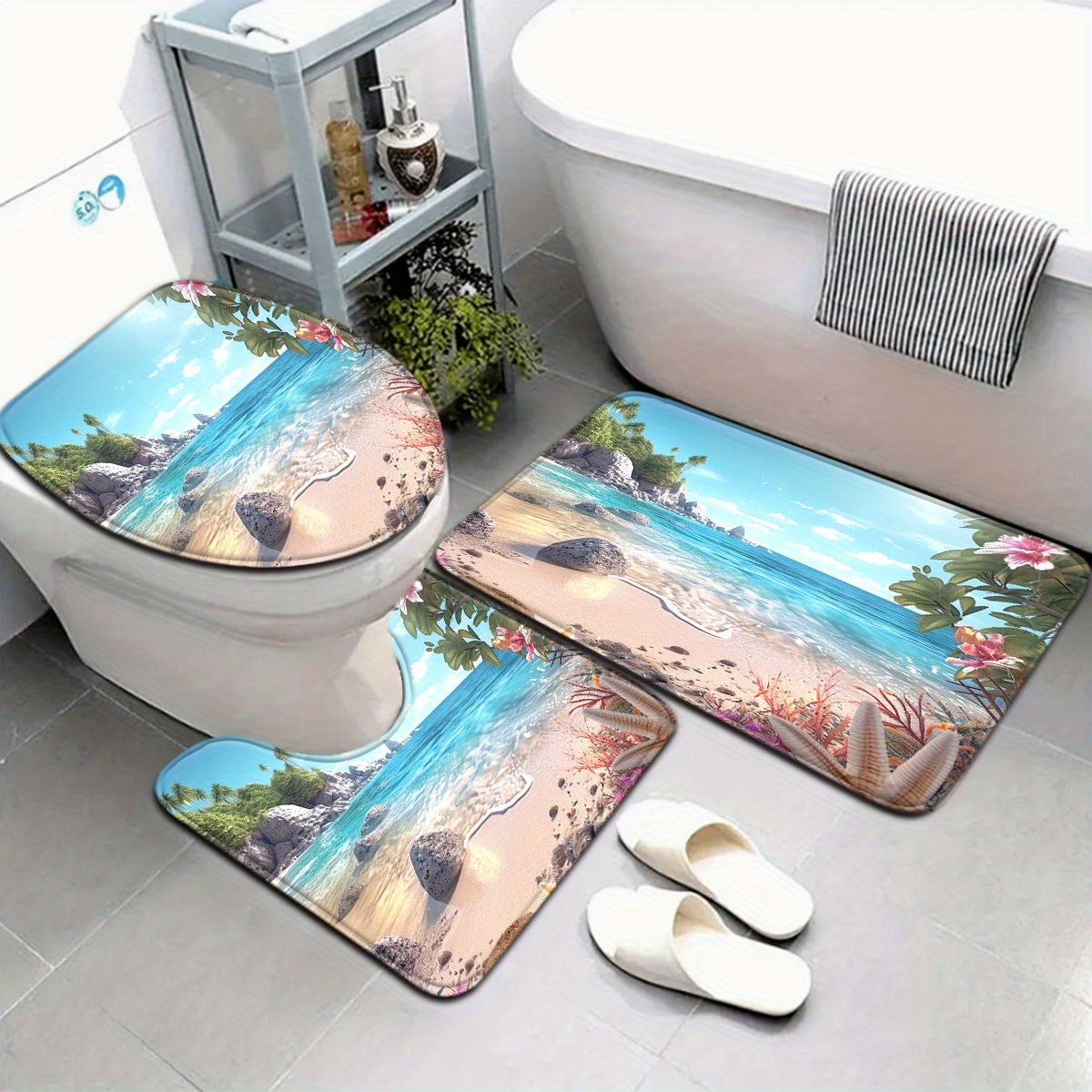 TEMU 3pcs/4pcs Starfish Beach Series Bathroom Mat Set With Flower, Stone, And Shell Patterns, Toilet Seat Cover, U-shaped Foot Mat
