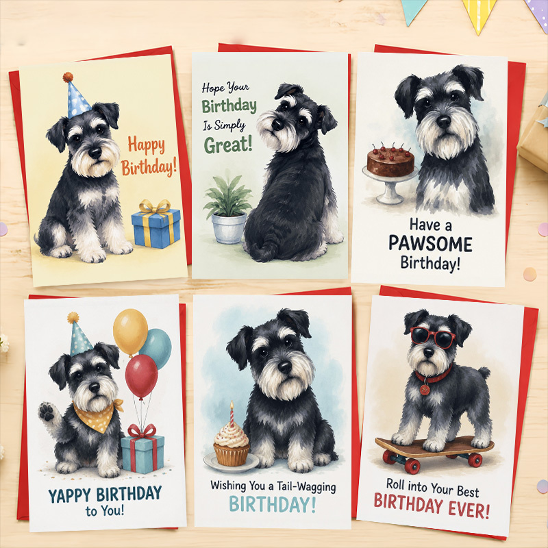 TEMU Happy Birthday Cards Set (12pcs With Envelopes) - Watercolor Schnauzer Dog, Party Hat, Gift Box, Soft Yellow, For Dog Lovers, Birthday