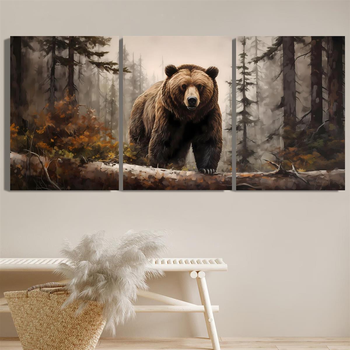 TEMU 2d Flat, 2d Flat, 2d Flat 3pcs Framed Canvas Posters And Prints Art Modern Wrapped Canvas Bear Wildlife Painting Misty Forest Wall Art For Home