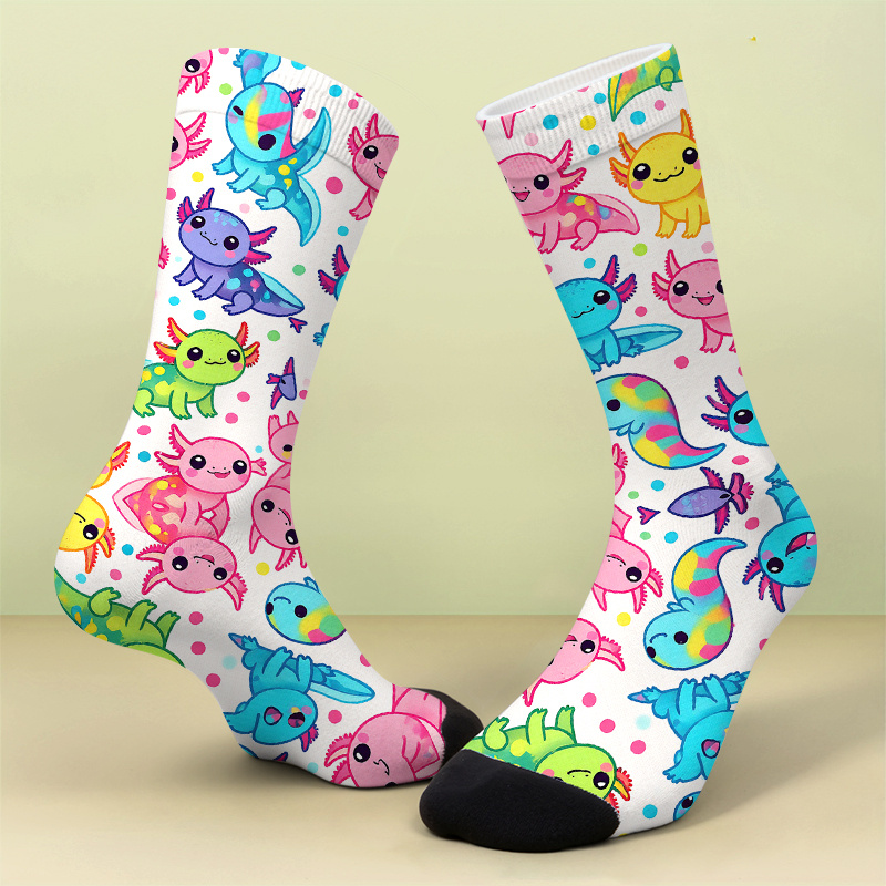 A Pair Of Printed Socks Colorful Axolotl Adventure Sockssoft Comfortable Breathable Cute And Crazy Gift: retailer-supplied image