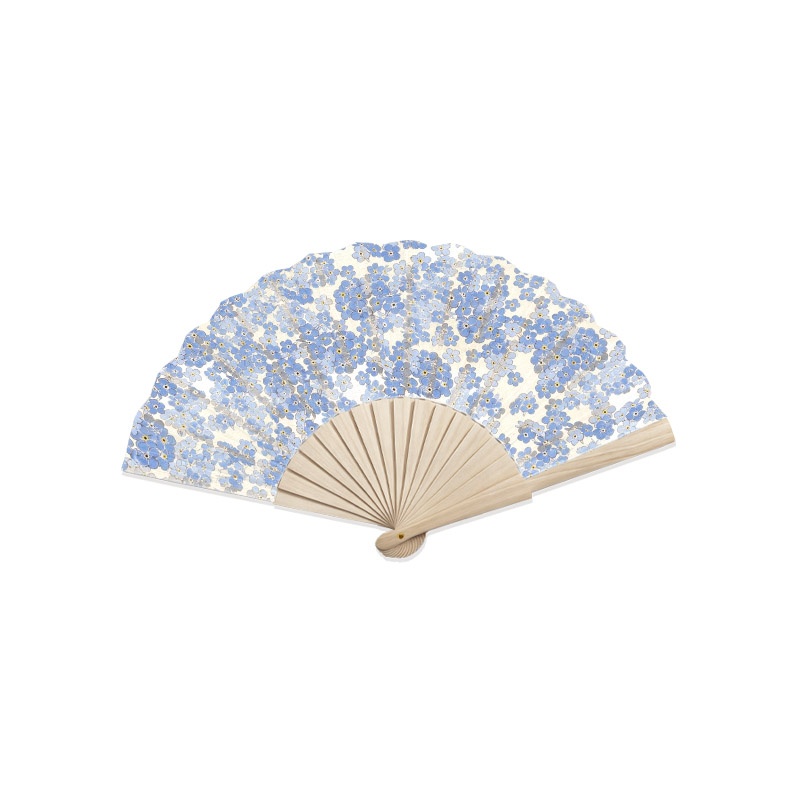 TEMU Women's Handheld Folding Fan With Dense Blue -me-not Floral Pattern, 1pc With Lotus Wood Ribs, Delicate Gentle Natural Decorative Hand Fan,