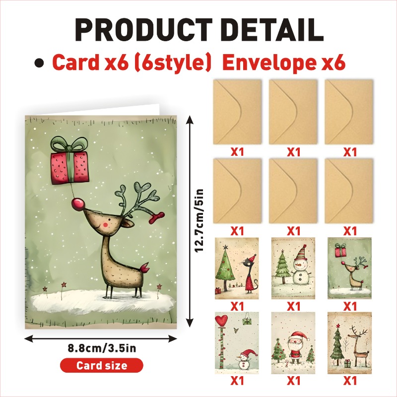TEMU 12pcs Set (includes 6 Greeting Cards + 6 Envelopes) Vintage Christmas Cute Animal Christmas Tree Greeting Cards - Postcards - With Envelopes -