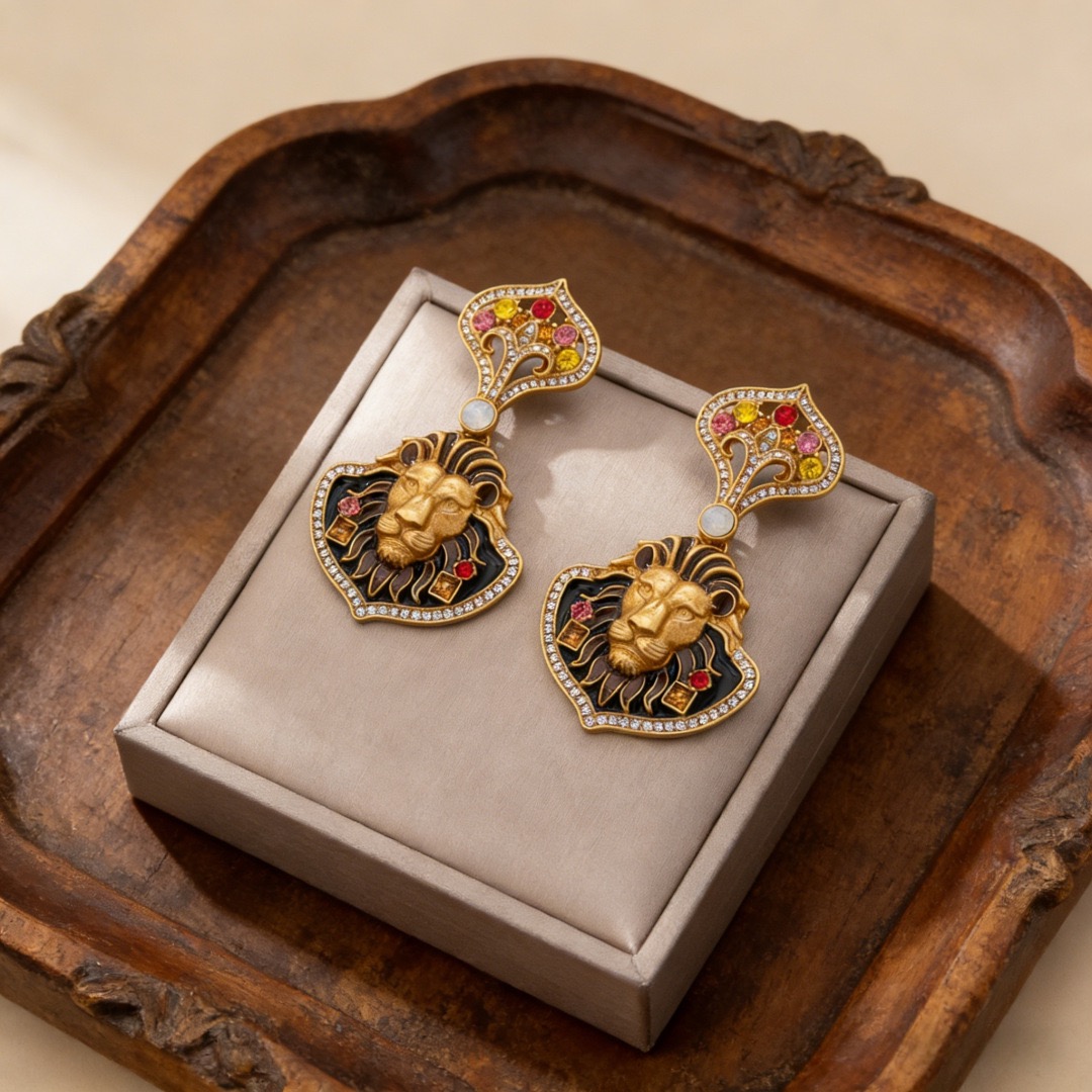 3D Lion Head Enamel Regal-Style Heavyweight Earrings
