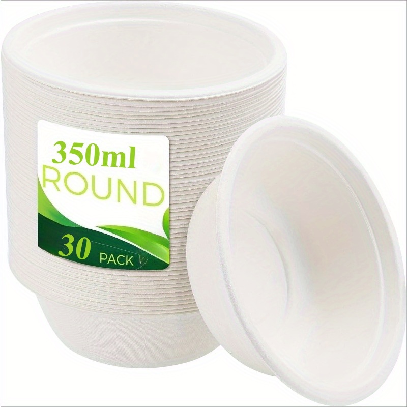 350ml Disposable 30pcs/ 60pcs White Round Paper Bowls, Lightweight Paper Bowls, Can Hold A Of Foods, Convenient And Practical, Suitable For Desserts, Barbecues, Picnics, Weddings, Graduation Parties