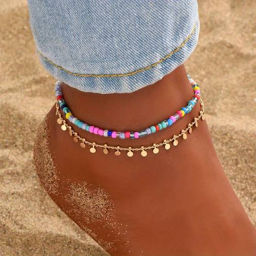 2 piece womens anklet set summer beach vacation colorful seed bead elastic cord anklet with bohemian style golden disc tassel chain glass material summer beach vacations seed bead anklet