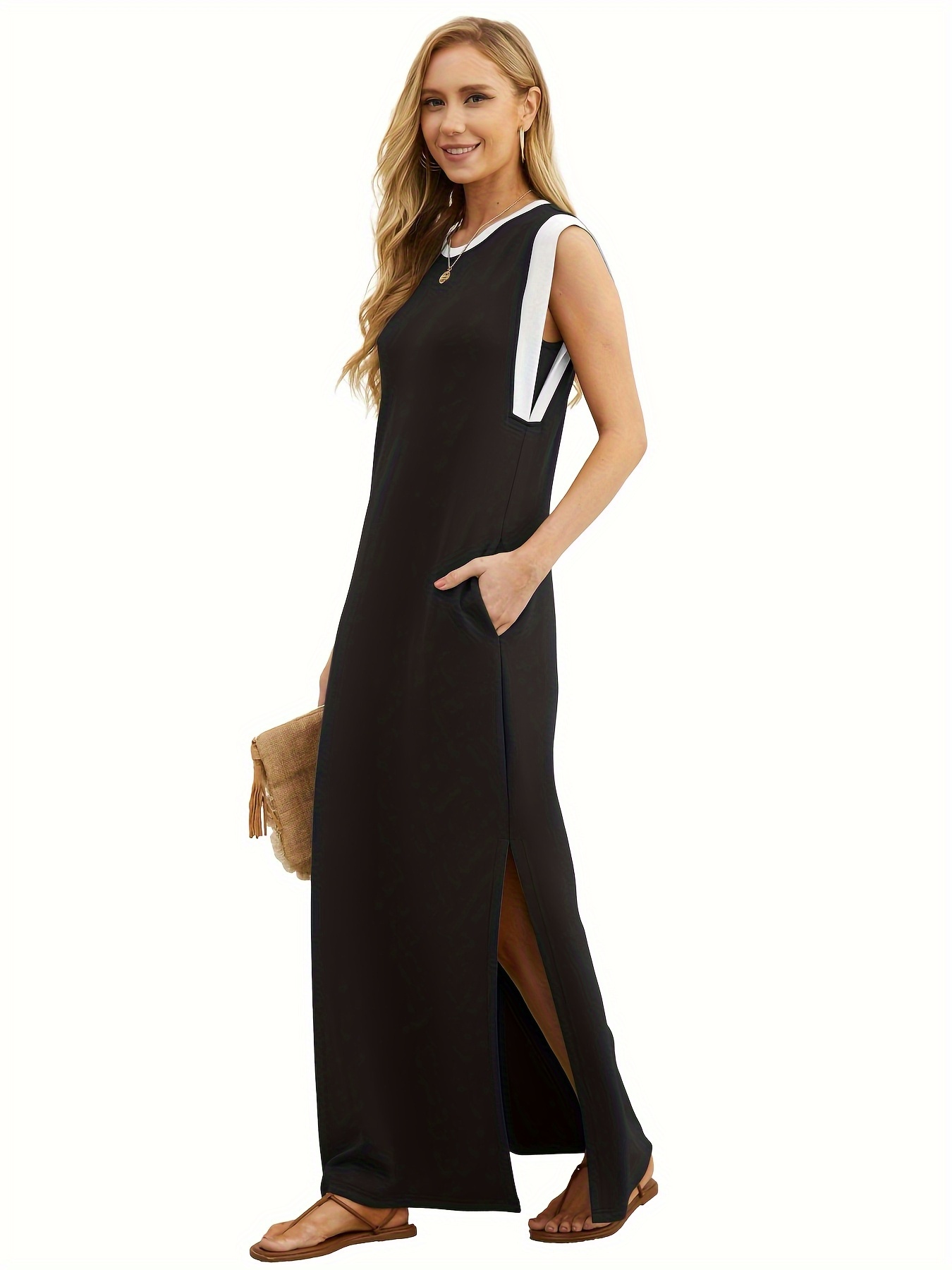 women's minimalist casual straight dress, solid color round neck loose  split maxi beach dress with pockets - women's clothing - Temu