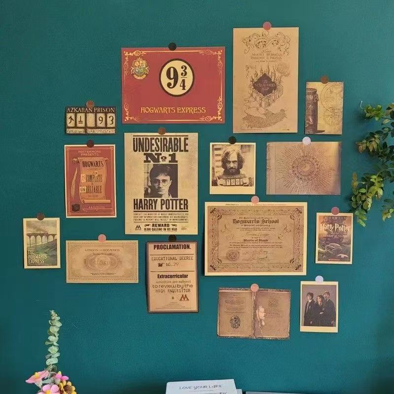 TEMU 2D Flat, 2D Flat, Poster WB Offiziell! 1 Set mit 15 Stück Harry Potter Vintage Braun Papier Stil Dekorative Poster Hogwarts Merchandise Poster