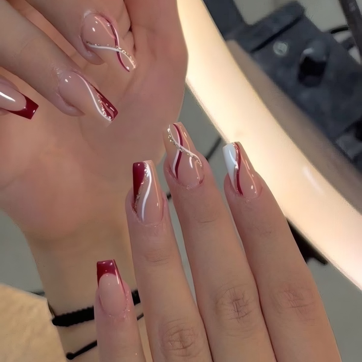 TEMU 24pcs Elegant Fashion Medium Coffin Press On Nails Glossy Red White Glitter Fit Perfectly Kit Full Cover False Nails Includes 1sheet Adhesive