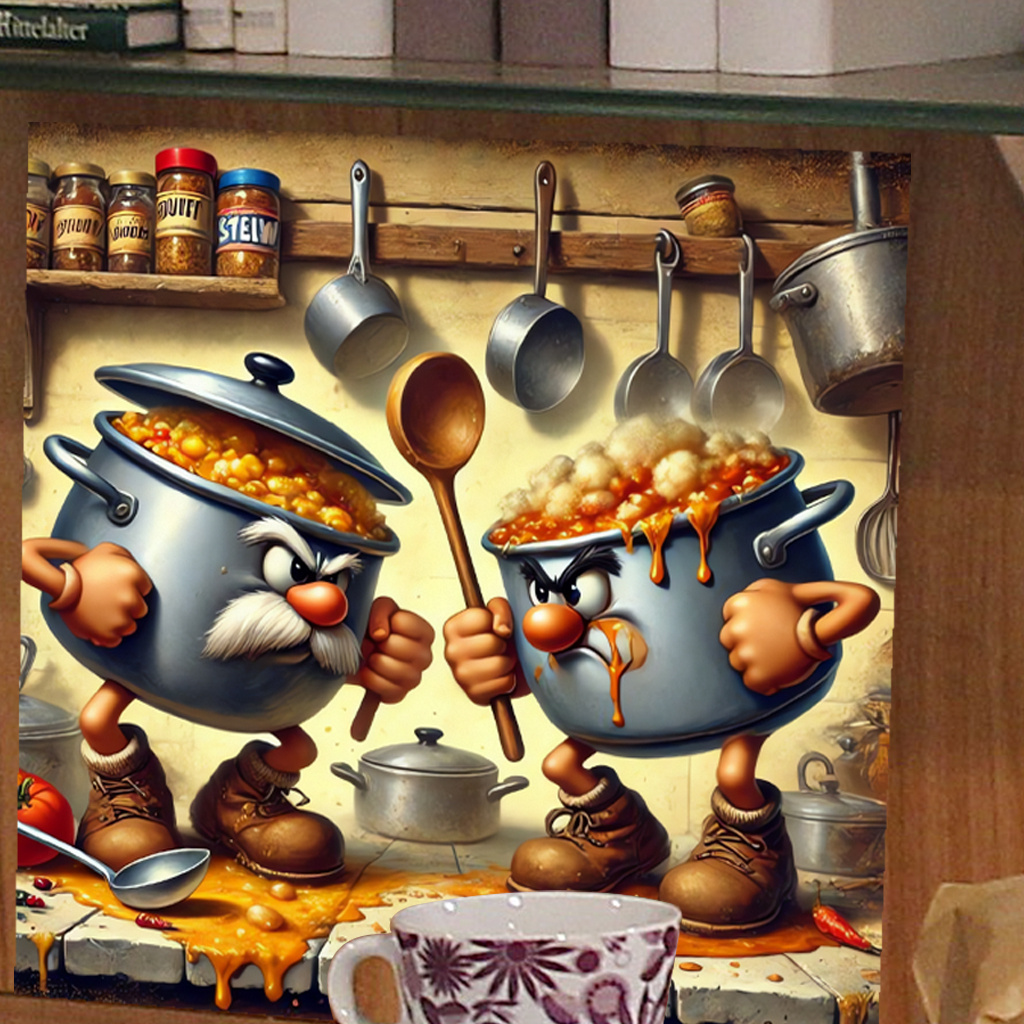 1pc Vinyl Suitable For Plastic Surfaces - Retro Kitchen Humor Decals With Anthropomorphic Cookware Duel Design, Pots & Pans Themed Decoration For Walls, Cabinets, Fridge, Pantry - Application