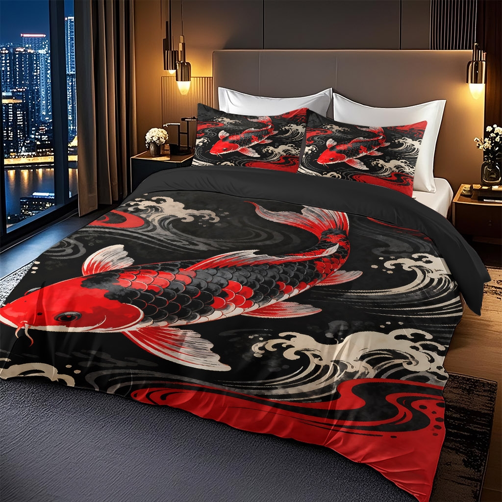 TEMU Un ensemble de literie avec un motif tendance de poissons Koi rouges sautant sur des , disponible en plusieurs tailles. , pour , confortable,