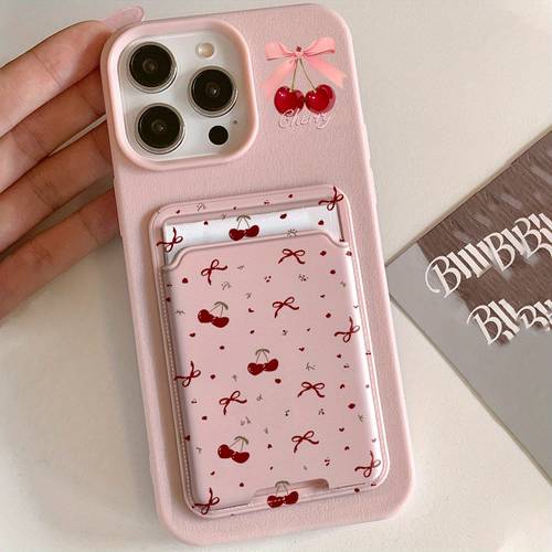 phone case 2pcs set pink lychee pattern cherry and cherry element card holder phone case self card slot suitable for iphone 11 11 11pro 12 12pro 12 13 13pro 13 14 14pro 14 15 15 15 16 case