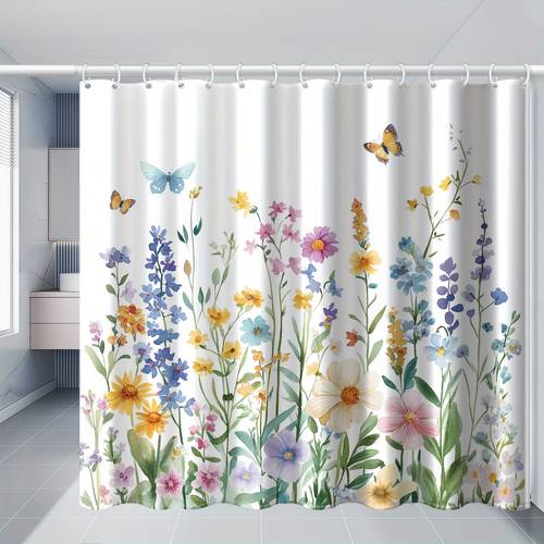 . mehrfarbiger duschvorhang mit wildblumen- und schmetterlings-aquarell-druck, begegnung mit der dynamischen schönheit des frühlings, mit kunststoffhaken, für familienhotel, maschinenwaschbare vorhänge