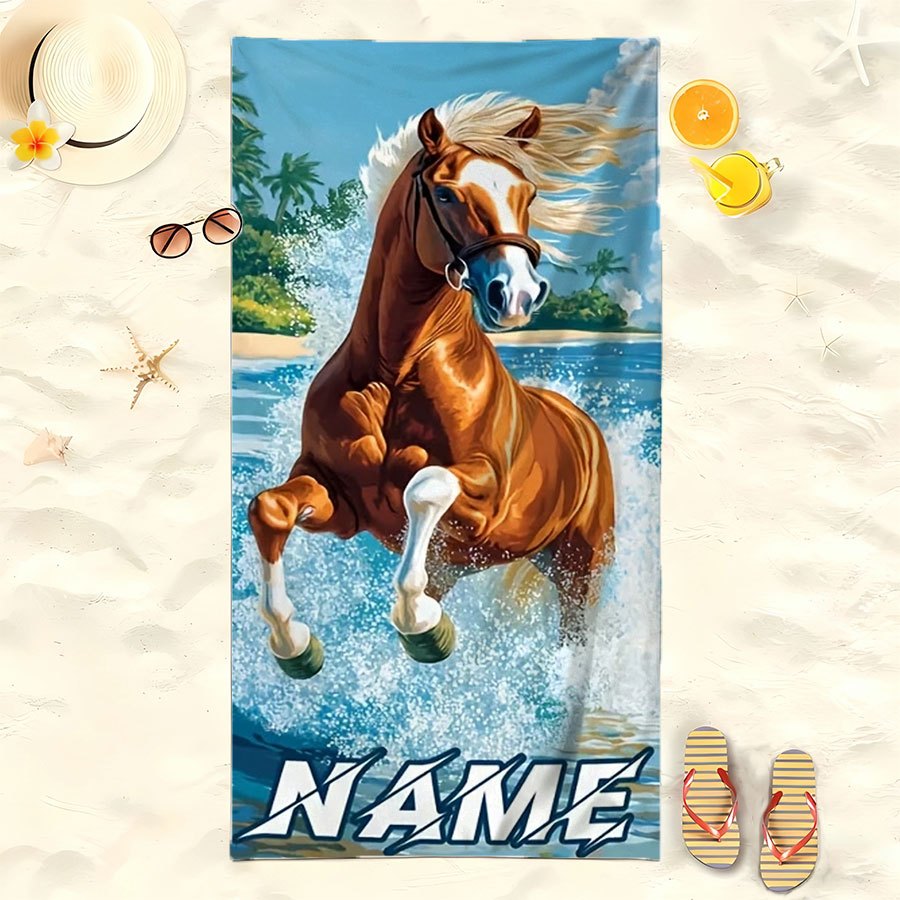 TEMU Custom Horse Pattern Beach Towel - Quick- Absorbent Microfiber, Tropical With Personalized Name Option. Ideal For Travel, Pools, Surfing, Yoga,