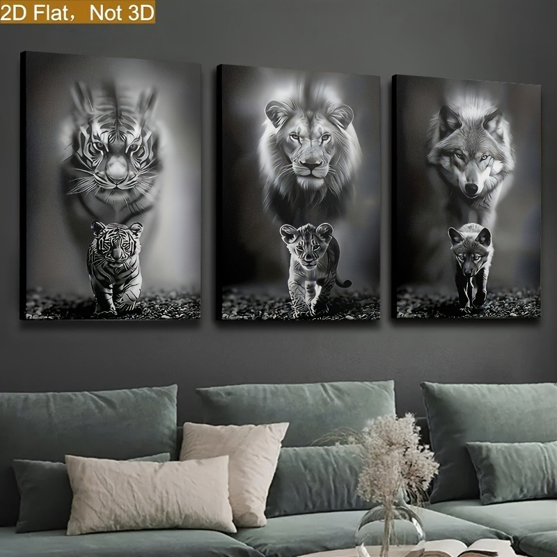 TEMU 2d Flat, Frameless, 3pcs Set, Black And White Wildlife Decorative Painting, Stylish Wolf, Tiger, Lion Animal Portrait Print Poster, Suitable For