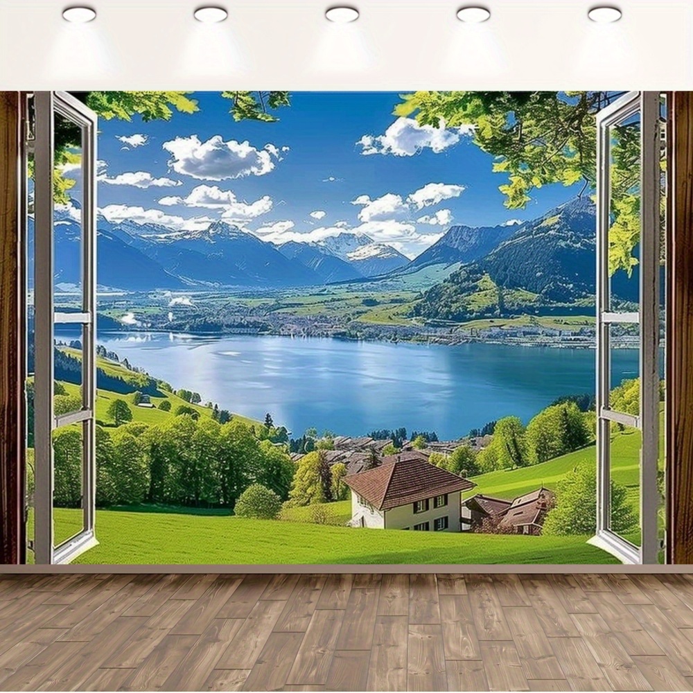 striscione 2d piatto, striscione 2d piatto con adesivo da parete con   realistica di foresta primaverile, sfondo autoadesivo con   in     e montagne maestose.   per matrimoni, compleanni, cerimonie di laurea e feste tailgate. non è richiesta elettricità per questo sfondo per