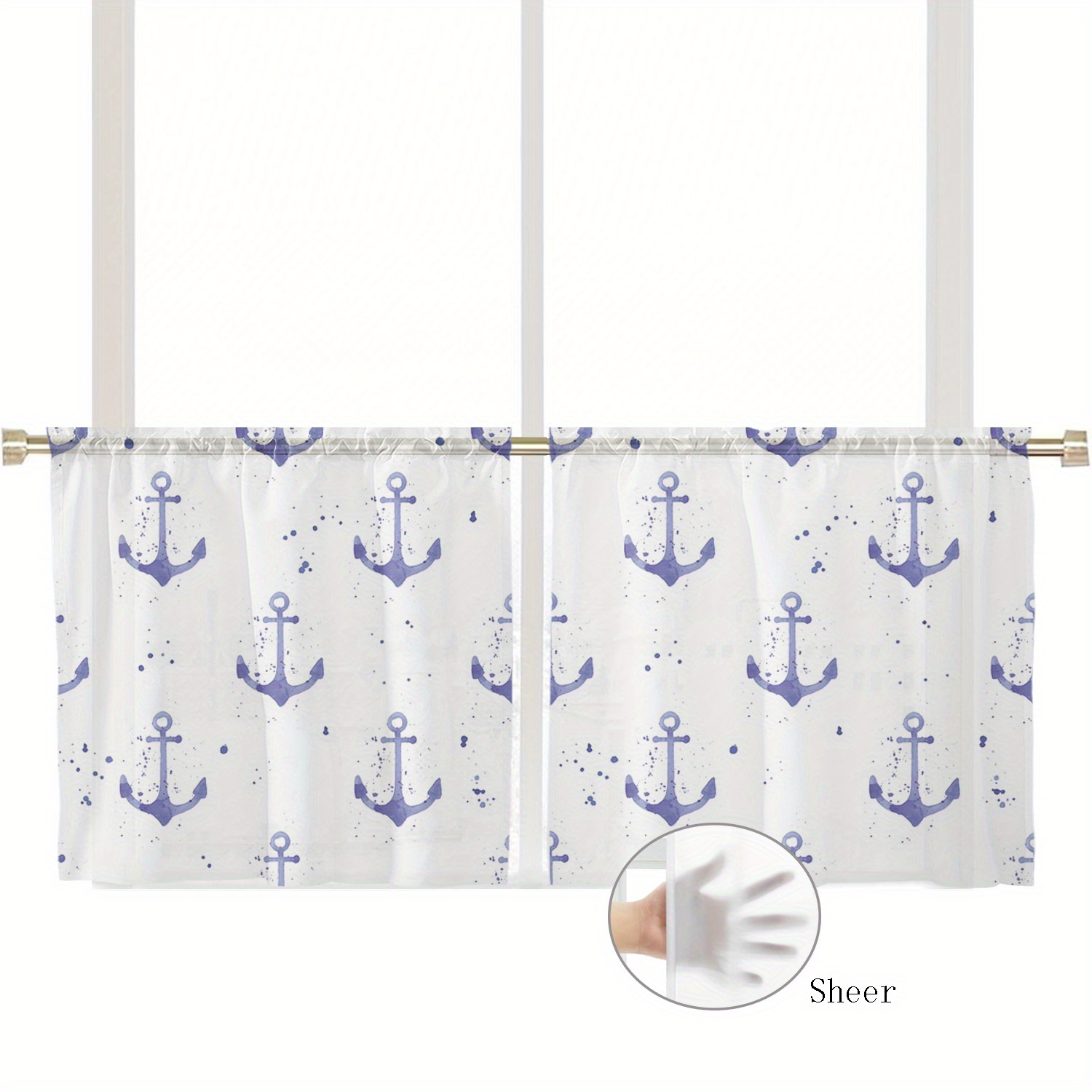 TEMU 2pcs Watercolor Anchor Pattern Sheer Curtain Small Translucent Curtains Gauze Curtains With Rod Pocket Installation Nautical Style For Living