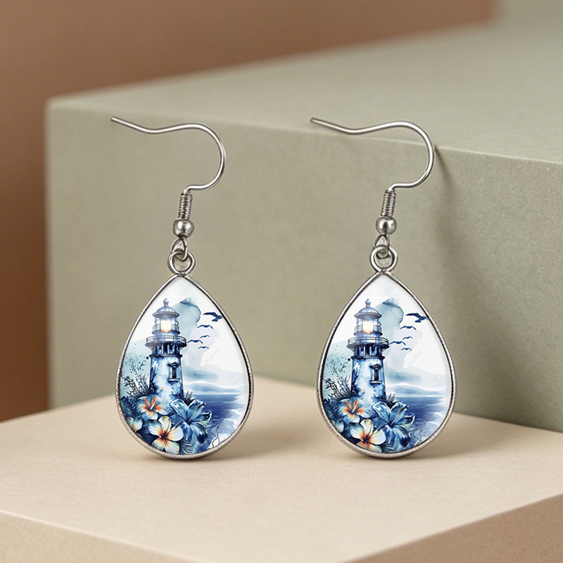 TEMU 1 Paire de Boucles d'Oreilles Cabochon en Verre Paysage Marin avec Phare à - Nickel, Adaptées , Bijou Pendentif Phare Cadeau pour la