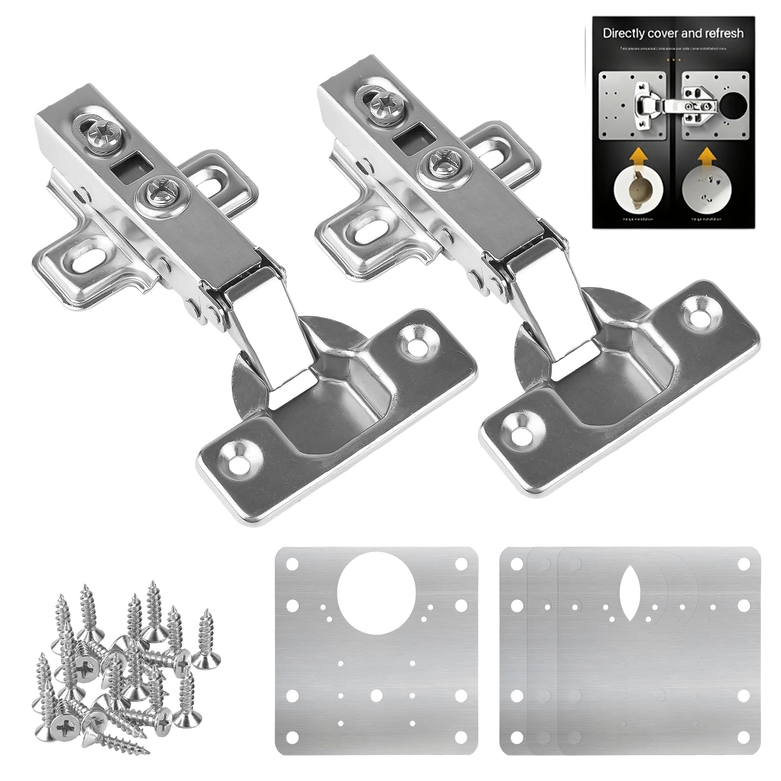 TEMU Classic Hydraulic Hinge + Stainless Steel Repair Plate Set, Silent Cabinet Door Hinges With Built-in Buffering Closure Mechanism, For Kitchen