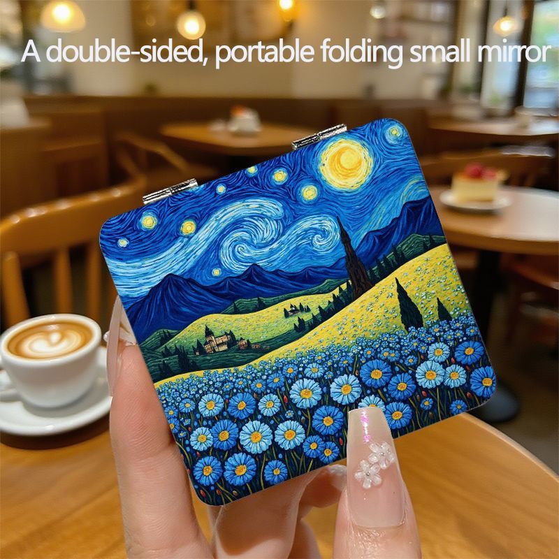 TEMU Compact Mirror Featuring Van Gogh's Starry Night - A Double-sided Folding Makeup Mirror, Ideal For Travel, With A Vintage Art Design, Handbags