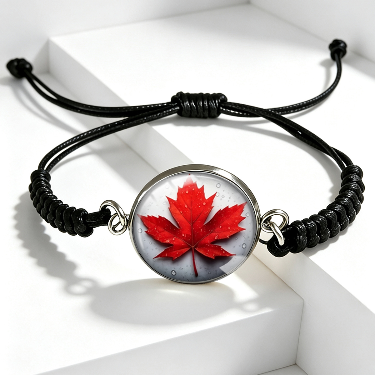 TEMU Bracelet 1 pièce unisexe réglable en verre rond avec noir et imprimé feuille d'érable rouge