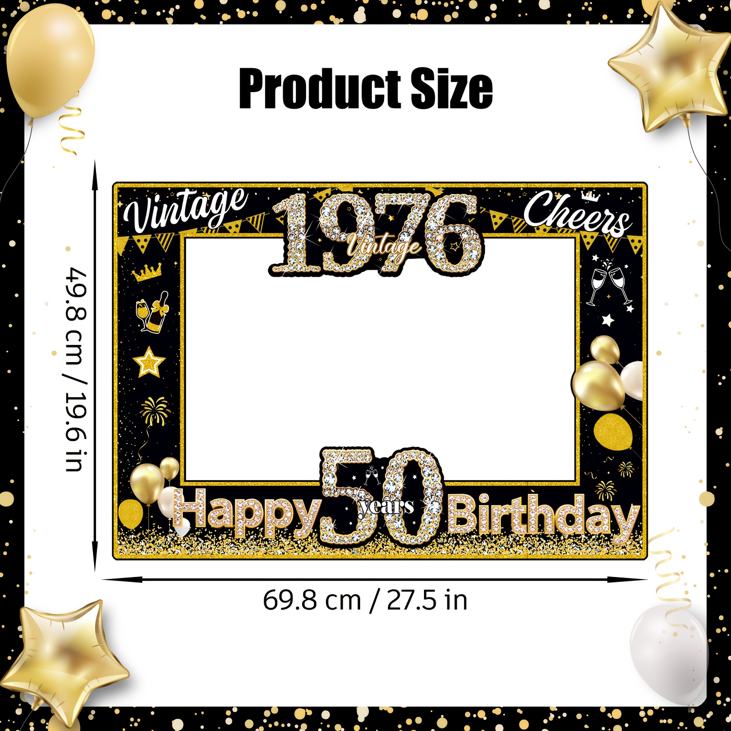 TEMU Articles de fête, bannière de décoration pour 50e anniversaire, bannière de fête pour lunettes photo de 50e anniversaire noir et doré, avec