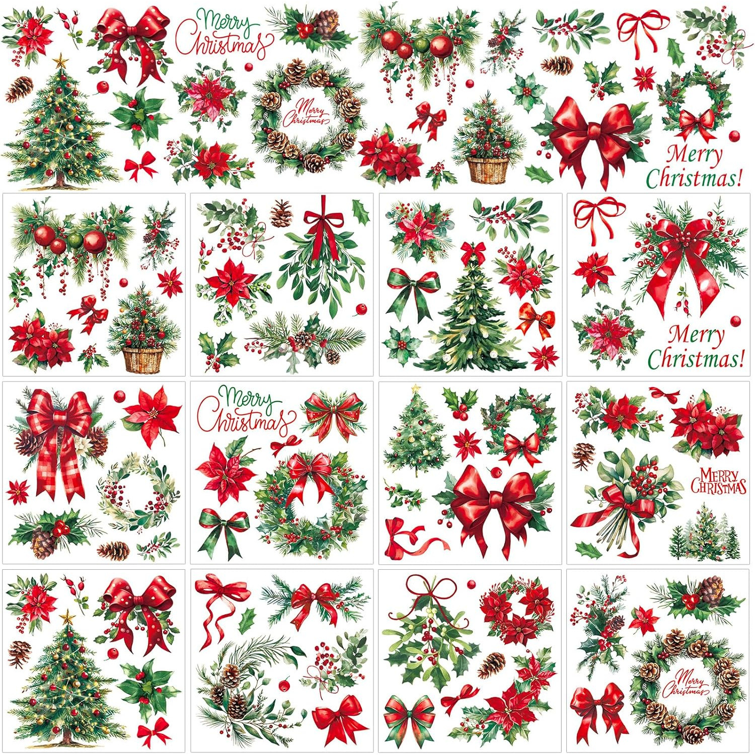 TEMU 12 Sheet Christmas Rub On Transfer For Crafts Rub On Transfer Stickers Red Green Xmas Tree Bow Wreath Furniture Decals For Home Office Paper Diy