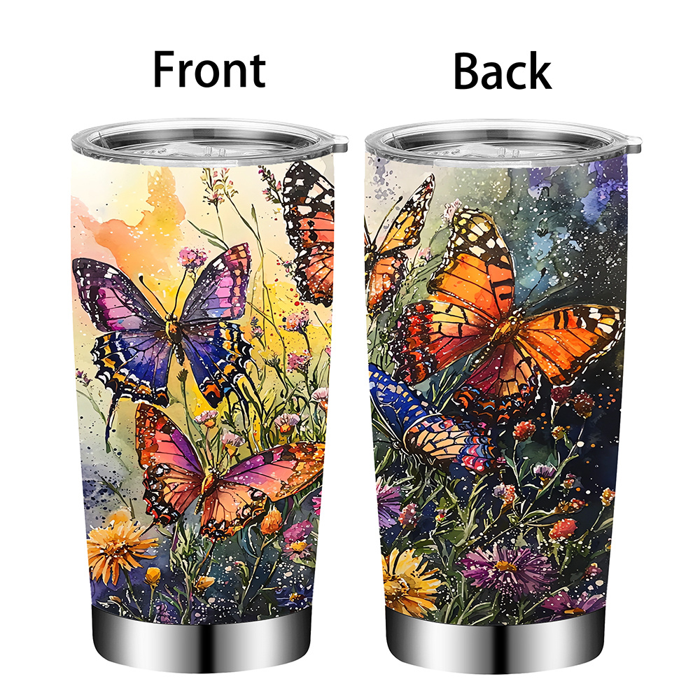 

1pc Watercolor Butterfly Stainless Steel 20oz - Vacuum Insulated Coffee Cup With Lid & Straw, Bpa-free, Oval Shape, Hand Wash Only - Ideal For Outdoor & All , Perfect Gift For Valentine's, , Day