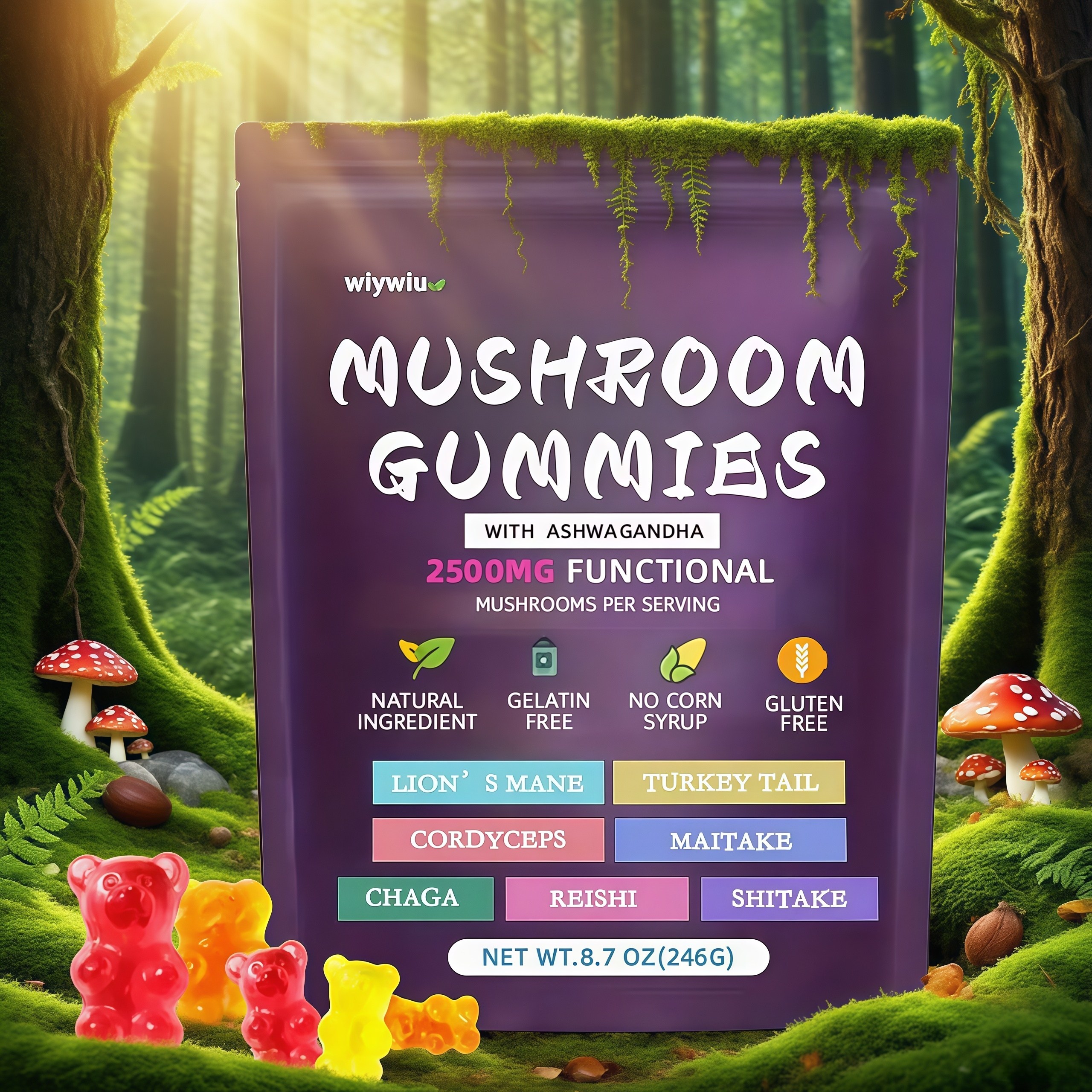 item picture 80pcs mushroom gummies mushroom gummies ashwagandha   mane turkey tail         mushroom supplement
