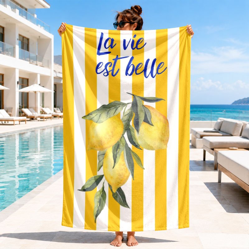 TEMU 1 " Est " Yellow And White Striped Lemon Print Microfiber Beach Towel, Soft And Absorbent, Lightweight And Quick-drying, Ideal For Summer Travel