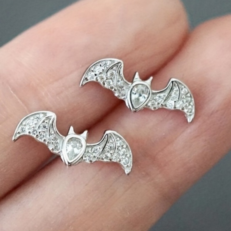 Image of Zirconia Bat Stud Earrings In A Punk Metallic Design, Suitable For Men And Women, Perfect For Casual , Parties, Daily Wear, Halloween, And Gothic-themed Events