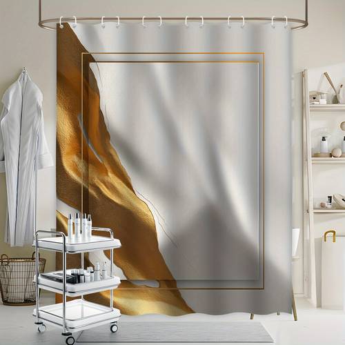 1pc minimalist golden shower curtain abstract design flowing white and amber waves contemporary elegant bathroom decor with 12 hooks 70 8x70 8 inches machine washable polyester modern bathroom decor curtain
