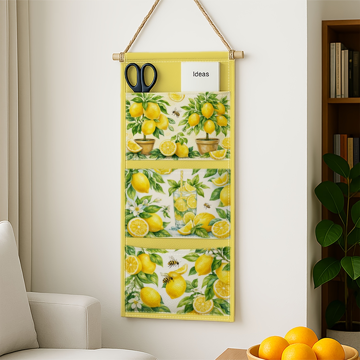 TEMU 2d Printed 1pc Of Mediterranean Citrus-themed Wall Storage Bag With A Hanging Design Showcasing Lemon Fruit And Leaf Branches, Perfect For Space