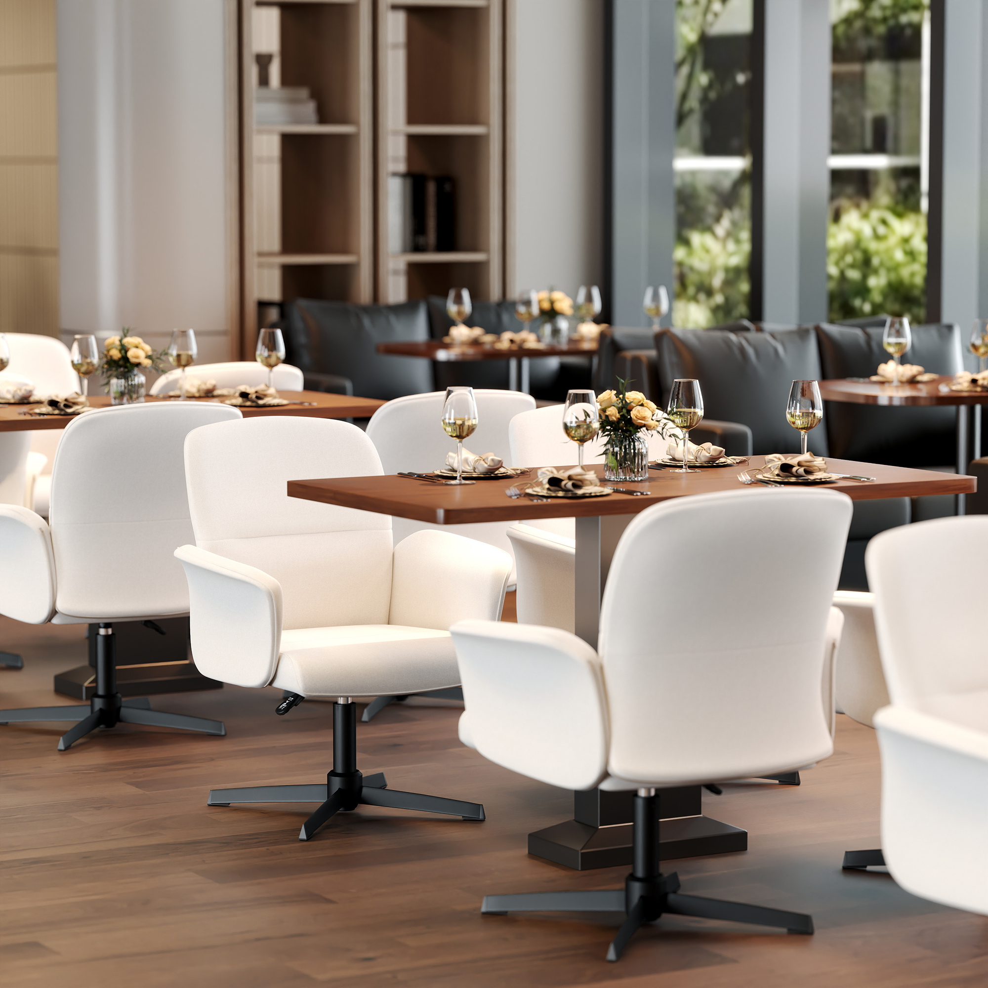 Homy Casa Beige Upholstered Chenille Dining Chair, Side Chair, Swivel Adjustable Height Accent Chair Featuring Padded Arms And Iron Legs, Modern Design Suitable for Cafe, Kitchen, Dining Room, Available in Single Piece Or Sets of 2 Or 4