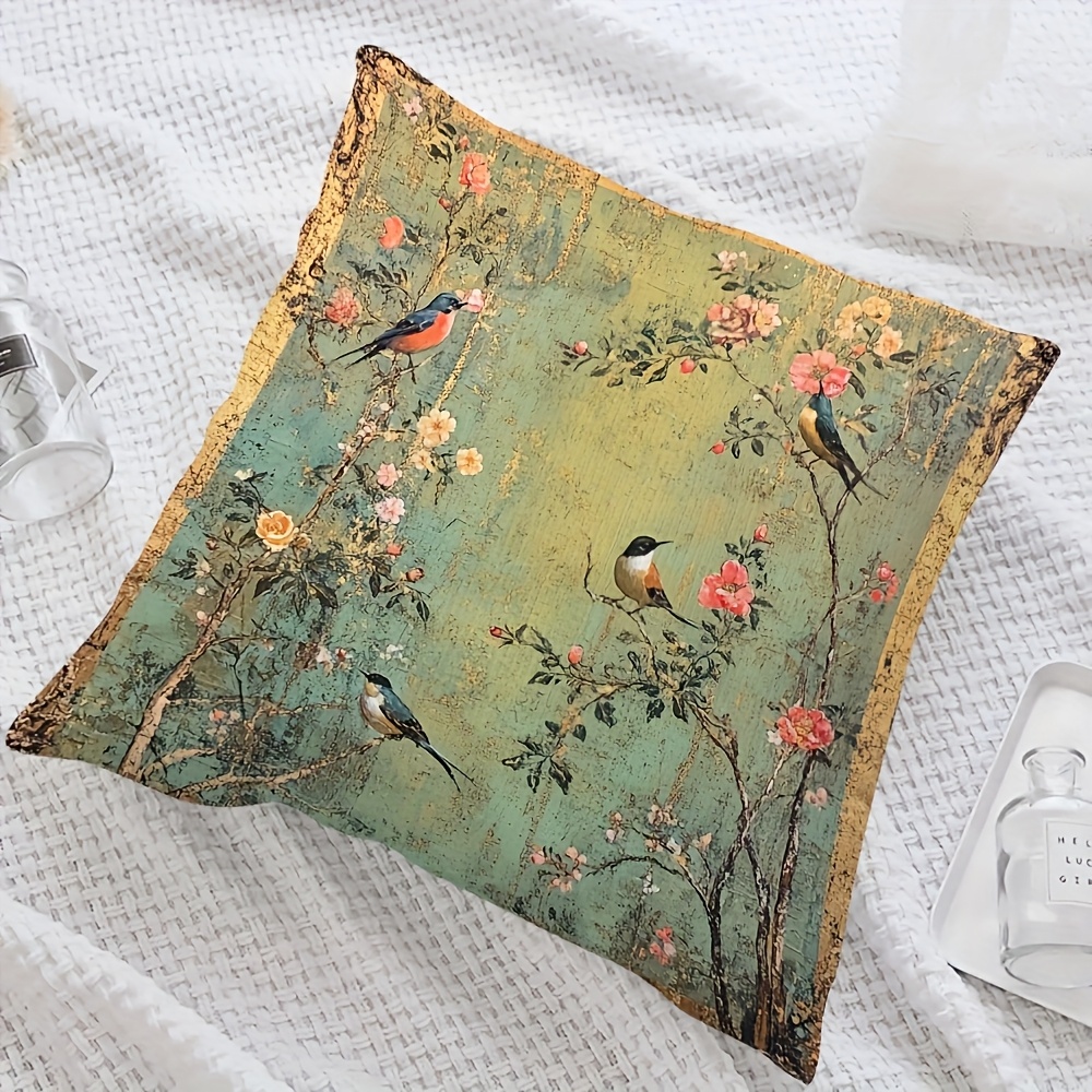 TEMU 1pc Pillowcase Featuring A Bird And Floral Pattern, Soft Texture, Modern Home Decor, Suitable For Living Room, Bedroom, Patio. Single-sided