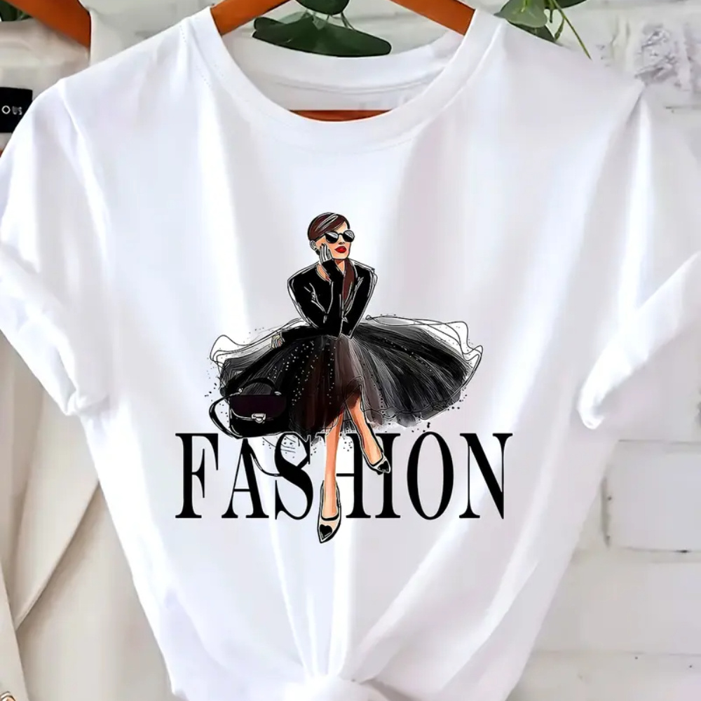 

Women's Soft T-shirt - Short Sleeve Crew Neck With Print, Casual Essential, White, 100%, Comfortable And Stylish Design, Fashionforward Clothing | Chic Print Tee |